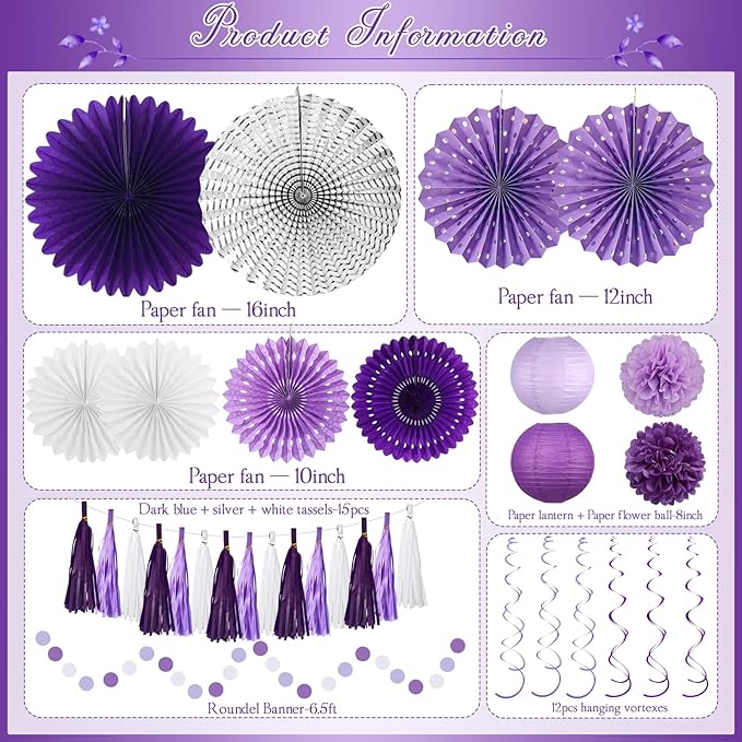 MEIDUO 34 Pcs Purple Decorations for Party, Hanging Paper Lanterns Fans Pom Poms Set, Purple and White Graduation Decorations, Lavender Birthday Decorations for Women Girls