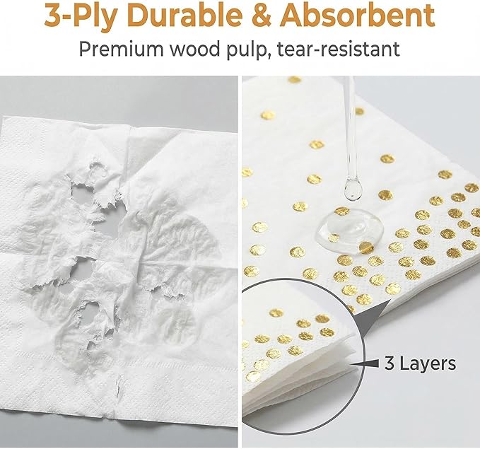 50 Pack Disposable Gold Foil Cocktail Napkins | Birthday Wedding Baby/Bridal Shower Celebration/Party/Event | Dessert/Cake table, 3-Ply, Unfolded 10" x 10", Folded 5" x 5"