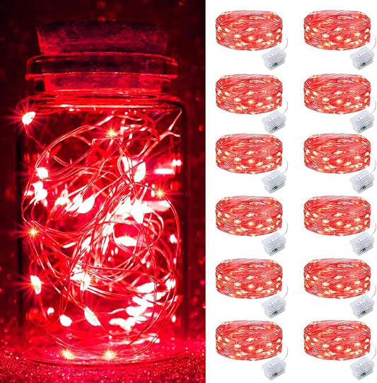 pozzolanas 12 Pack Red Fairy Lights Battery Operated 3 Modes 7FT 20 LED Waterproof String Lights Twinkle Silver Wire for Mason Jars Wedding Christmas Halloween Party Decor (12, Red)