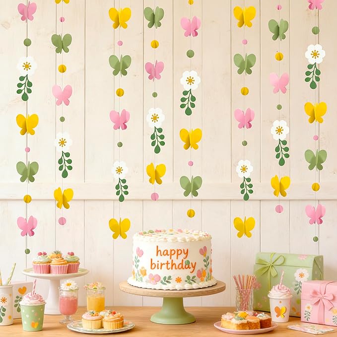 Spring Decorations Flowers 3D Butterflies Dots Garland Green Pink Yellow Hanging Paper Streamer for Spring Birthday Baby Shower Mother's Day Wedding Bridal Shower Tea Party Decorations Supplies