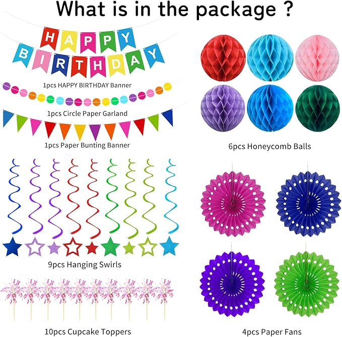 Birthday Decorations Colorful Happy Birthday Banner Paper Fans Honeycomb Balls Hanging Swirl Stars Triangles Dots Garland Cupcake Toppers Party Decorations for Women Men