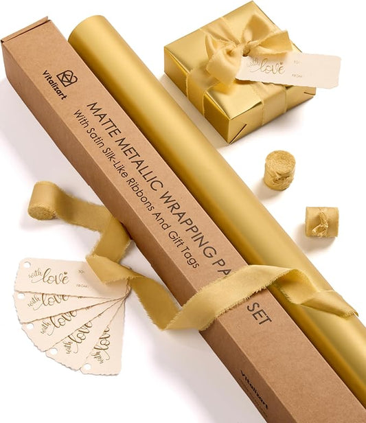 Vitalizart Gold Matte Metallic Wrapping Paper Set 30" With Silk Satin Ribbon & Gift Tags Christmas Gift Wrapping Birthday Baby Shower Wedding Bouquets Handmade Crafts 197"(16.4 Ft) Gold Ribbon