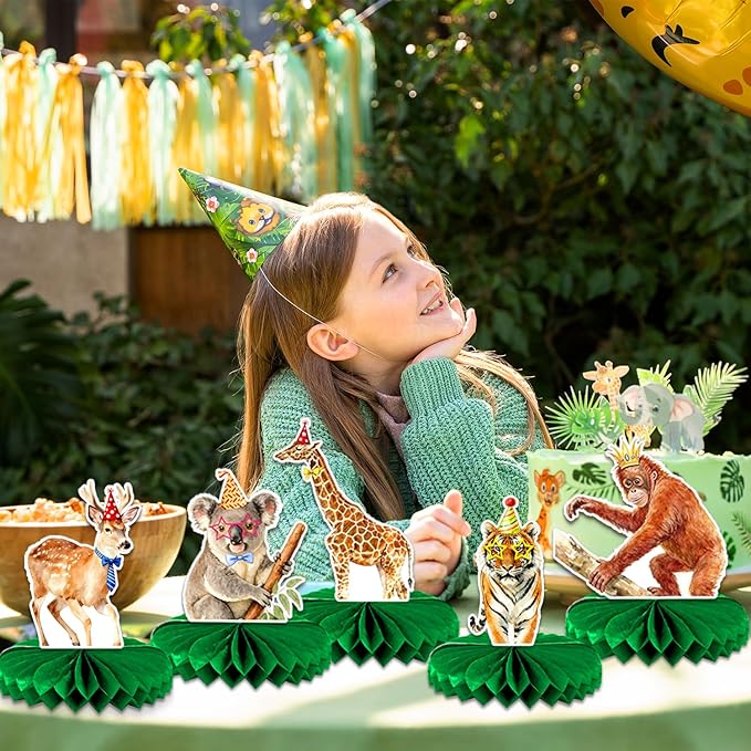 Safari Birthday Decorations 12-Pack | Animal Birthday Party Decorations Set with Honeycomb Centerpieces | Jungle Theme Party Supplies for Kids, Baby Shower, Wild One Celebration
