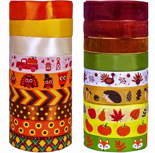 Supla 18 Rolls 90 Yards Assorted Fall Ribbons Bulk - Decorative Prints Grosgrain, Satin, Organza, Velvet 1" W for Season Wedding Festival Gift Wrapping Bows Crafts