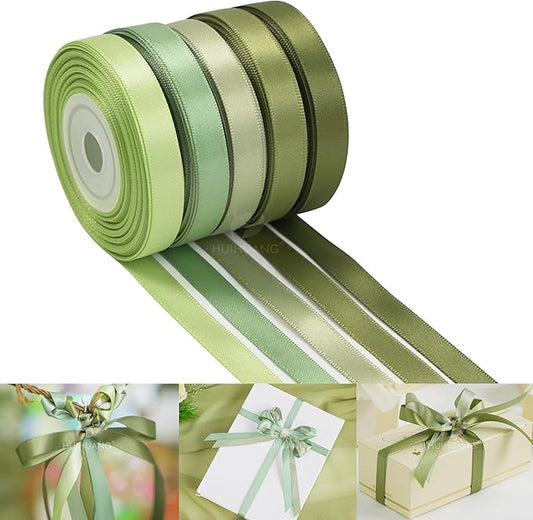 HUIHUANG Sage Green Satin Ribbon 3/8 inch x 50 Yards, Sage/Moss/Light Green/Dusty Sage Satin Assorted Ribbons for Gift Wrapping Bridal Baby Shower Decor Floral Bouquet DIY Crafts