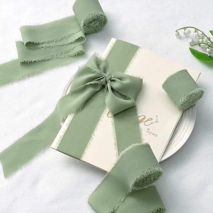 Christmas Ribbon, 3 Rolls Sage Green Ribbon for Gift Wrapping, 1 1/2 inch x 7Yd Ribbons for Flower Bouquet, Chiffon Silk Ribbons for Crafts, Wedding Invitations, Bridal Bouquets, DIY Crafts