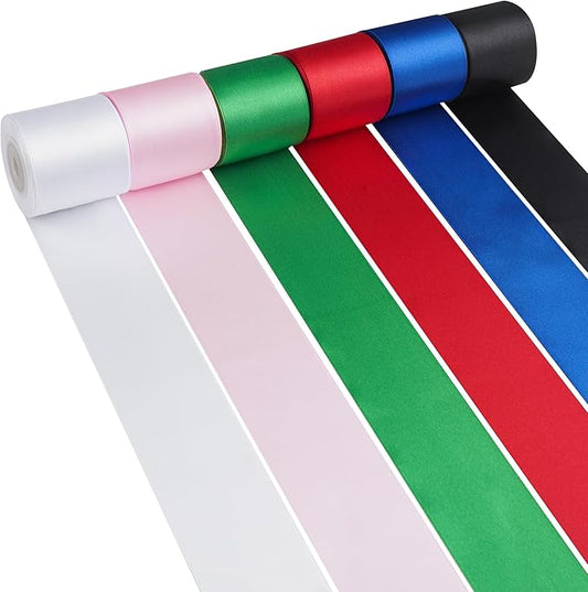 LIUYAXI Rainbow Satin Ribbon 2 Inch x 6 Rolls Total 60 Yards - Red/Green/Black/White/Pink/Blue Double Faced Stain Ribbon for Gift Wrapping Craft Wedding Party Christmas Decoration Baby Shower