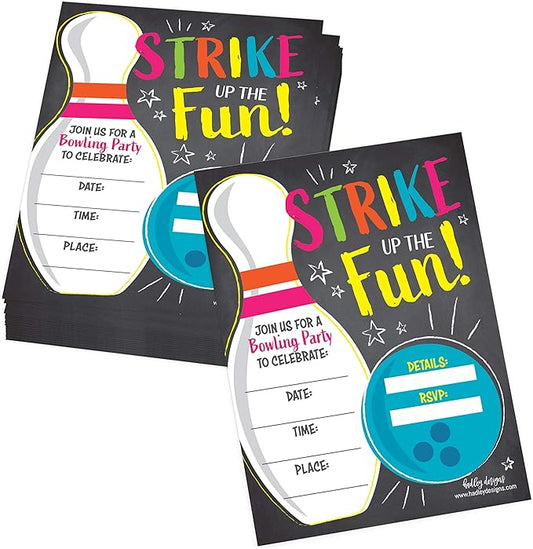 Hadley Designs Kids Birthday Invitations For Boys and Girls Bowling Theme - 25 Neon Birthday Party Invitations For Boys, Bowling Invites For Girls, Cute Party Supplies, Made In USA