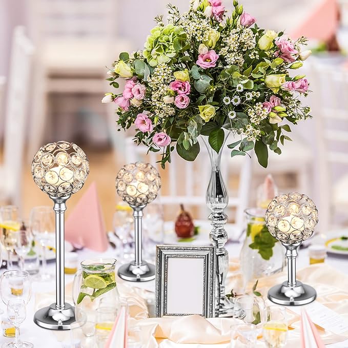 Mimorou 12 Pack Crystal Candle Holders Gold or Silver Candle Holders Bulk Tealight Candlestick Crystal Candelabras for Wedding Party Valentine Christmas Dining Table Centerpieces Decoration (Silver)