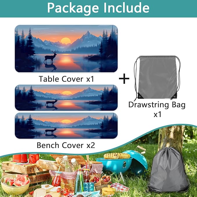 3 PCS Picnic Table Cover with Bench Covers & Storage Bag, Waterproof Fitted Camping Tablecloth with Elastic, 30x60 Inch, Sunset Mountain Lake Deer Forest Print, Indoor Outdoor Patio RV Party Table