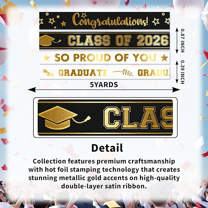 4 Pack Graduation Ribbon Class of 2026, Gold Foil Satin Ribbon for Graduation Decorations, 20 Yards Total with 3/8" & 7/8" Width, for Hair Bow Accessory and Gift Wrapping
