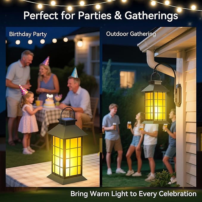 2 Pack 13" Black Solar Lantern with Flickering Flame Candle | Outdoor Waterproof Hanging Solar Lanterns, Metal & Glass Lights for Garden Decoration, Rustic Gifts for Mom