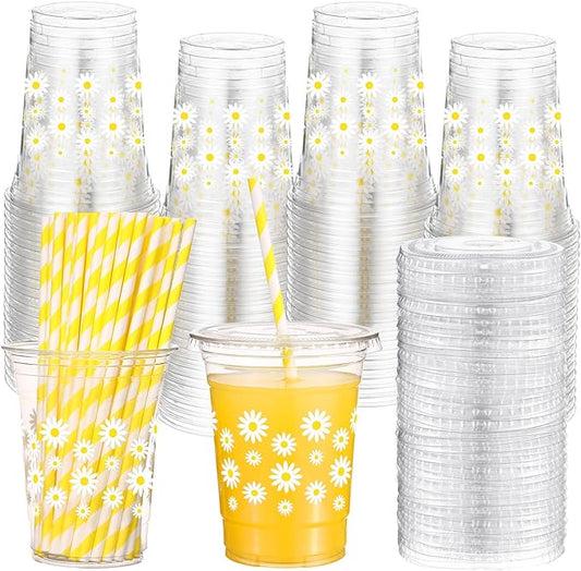 Yungyan 50 Sets Daisy Groovy Plastic Cups with Lids and Straws 16 oz Coffee Juice Drinking Cups for Daisy Party Decoration Summer Birthday Baby Shower Party Supplies