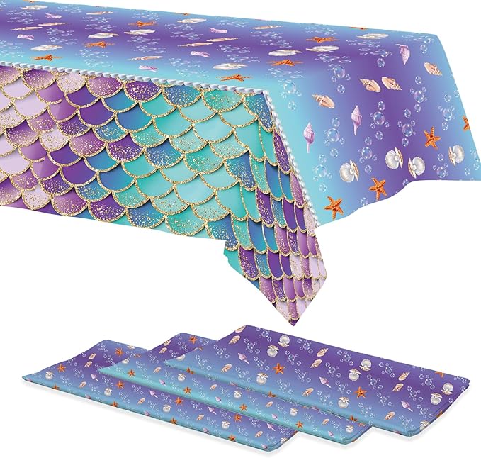 Mocsicka Mermaid Birthday Backdrop and Tablecloth Bundle Party Decorations