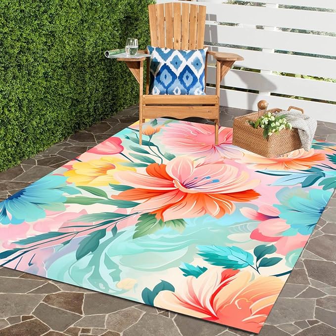 Washable Outdoor Rug with Floral Texture 9x12 Waterproof Non Slip Vibrant Area Rugs for Patio Deck Garden Balcony Large Flower Print Camping Porch Backyard Outside Carpet Aqua Pink