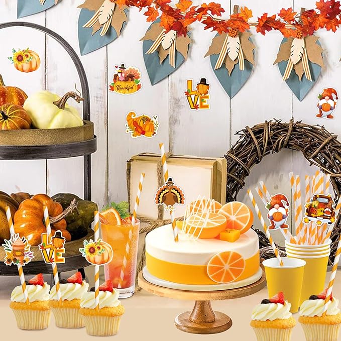 Konsait Thanksgiving Paper Straws, 24 PCS White Orange Striped Straws for Fall Harvest Party Decorations