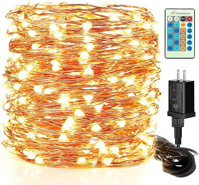 Moobibear LED String Lights, 99ft 300 LEDs Fairy Lights Plug in, Dimmable Outdoor Tree Lights, UL-Listed Warm White Copper String Lights Remote Control for Room Garden Party Christmas Festival Decor