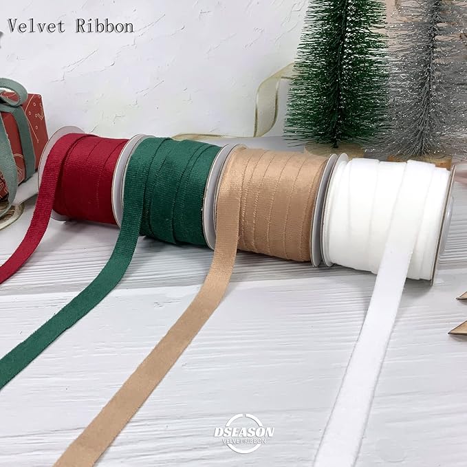 Velvet Ribbon Set 3/8" x 10 Yards, 2 Rolls 20 Yards, Dseason Handmade Nude Velvet Ribbon Set for Gift Wrapping & Bow Making, Christmas Tree, Wreath Decoration, DIY Crafts Decoration
