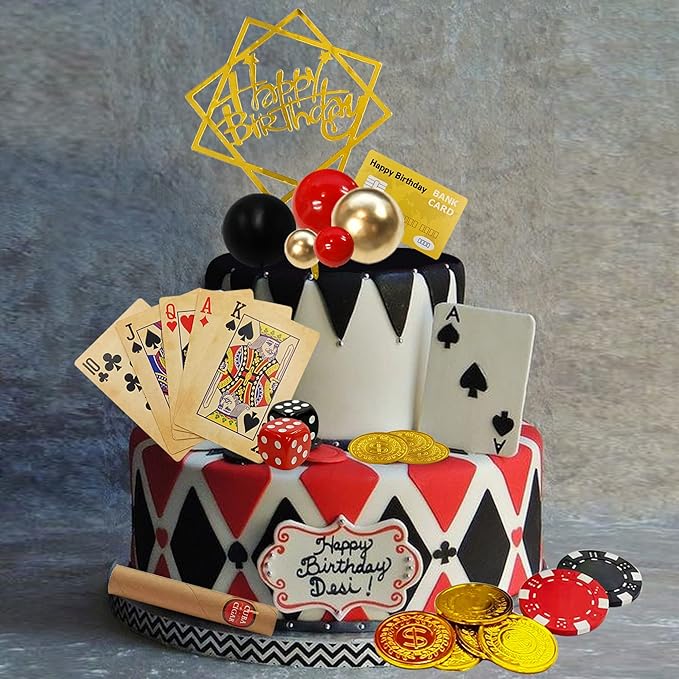 34PCS Casino Birthday Cake Decoration Dice Poker Chips Cupcake Cake Topper Set Ball Cake Topper Playing Card Game Theme Picks for Las Vegas Scene Birthday Party Decoration Supplies