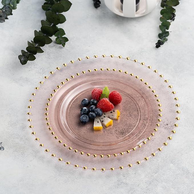 PLASTICPRO 32 Piece Combo Plastic Dinner Plates Disposable Plastic Fancy Heavy Duty Party Dishes 7 inch and 10 inch, Translucent Pink and Gold Beaded