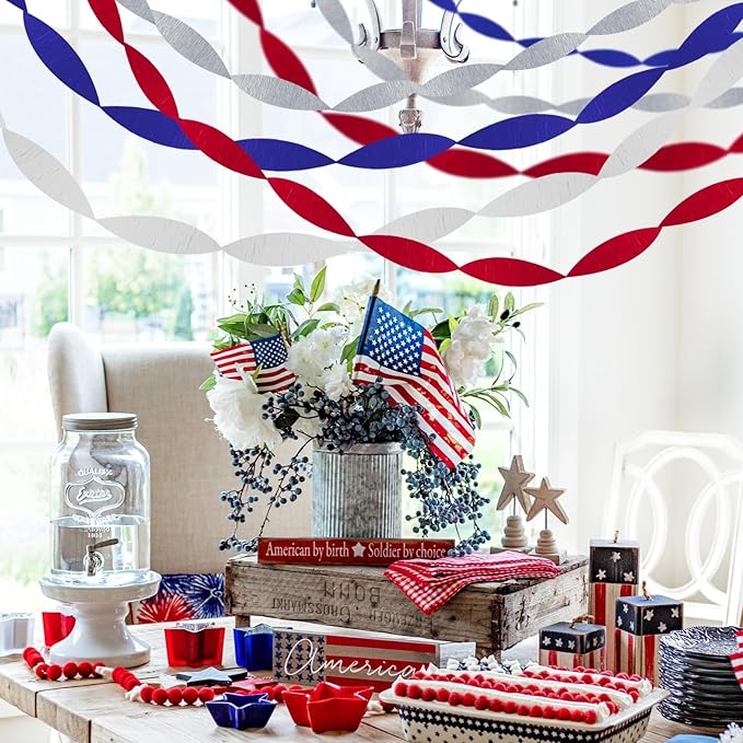 AOYOO Patriotic Crepe Paper Streamers with Tassels - 8 Rolls Red White Blue Decoration Kit for Independence Day, 4th of July, Memorial Day, USA Theme Party Supplies
