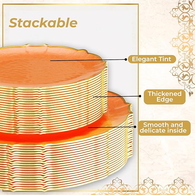 Exquisite Tinted Plates - 80 Piece Plastic Disposable Party Set for 40 Guests - 40 X 7.5 Dessert & 40 X 10 Thin Delicate Fancy Plates - Coral Peach with Gold Rim
