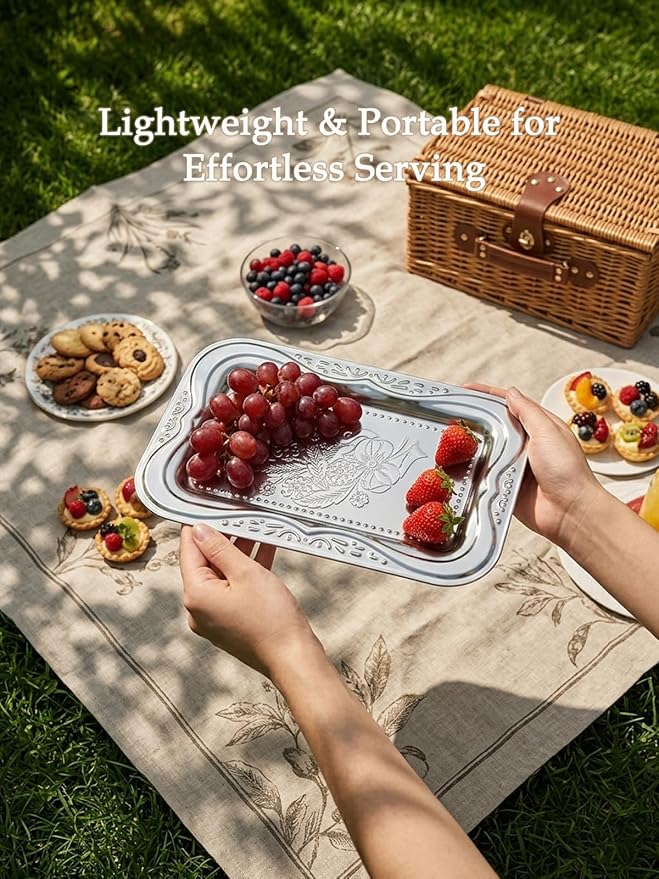 4-Pack Small Silver Serving Trays Set - ZENOVLUX Lightweight Bow Floral Engraved Mirror Decorative Tray, 11.4" x 7" Wedding Party Platters for BBQ, Food, Appetizer, Charcuterie, Cookies, Desserts