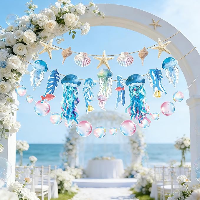SUNBEAUTY Starfish Seashell Banner Under The Sea Party Decoration Jellyfish Hanging Garland 9.8ft Blue Bubble Garlands for Ocean Beach Theme Birthday Decor Mermaid Summer Party Decor