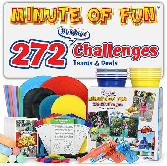 Funwares Original 272 Outdoor Minute of Fun Games - Minute to Win It Family Party & Travel for Kids & Adults, 2-12 Players! Ready to Play Right Out of the Box!