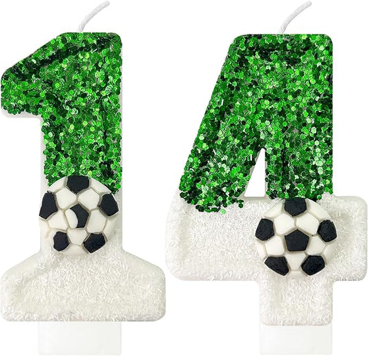 Soccer Birthday Candles Cake Topper for Girl and Boy, Wedding Cakes, Anniversaries, Party Celebrations, Birthday Decorations (Green White, 14)