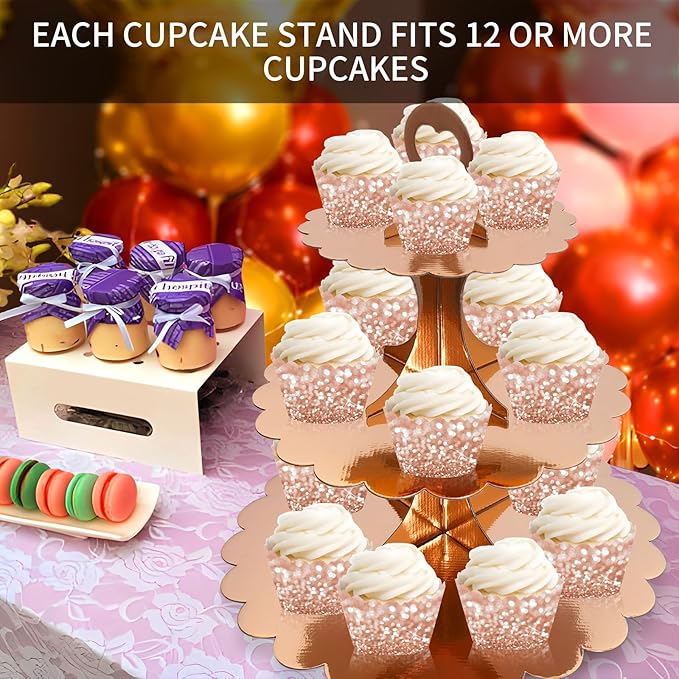2 Pack 3 Tier Rose Gold Cupcake Stand for 24 Cupcakes, Cardboard Cake Tower for Parties and Celebrations