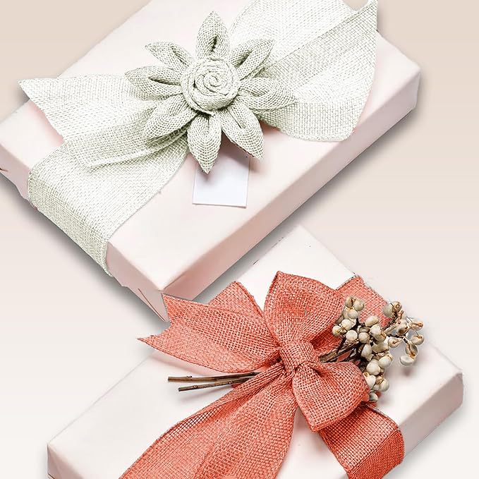 Ivory White Burlap Ribbon 1-1/2 inch X 10 Yard Natural Linen Woven Burlap Ribbons DIY Handmade Edging Production Wreath Holiday Decoration Ribbon Gift Wrapping Beige White Burlap Ribbons