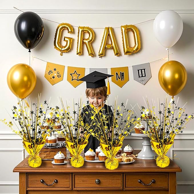 FUBININA 6 Pack 2026 Graduation Table Centerpiece Party Decoration Metallic Foil Spray Centerpiece Glitter Decor Star Tabletop for Graduation New Year Birthday Holiday Party Favor, Black and Gold