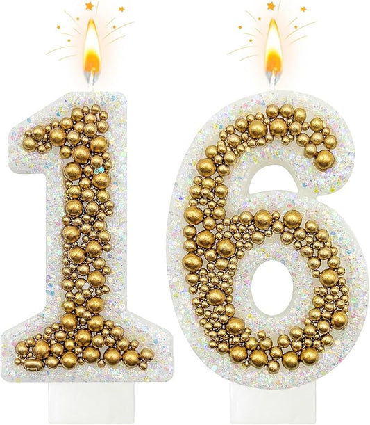 16 Birthday Number Candle for Cake, Glitter Number Candle with Gold Beads, Decorative Cake Topper for Milestone Celebrations