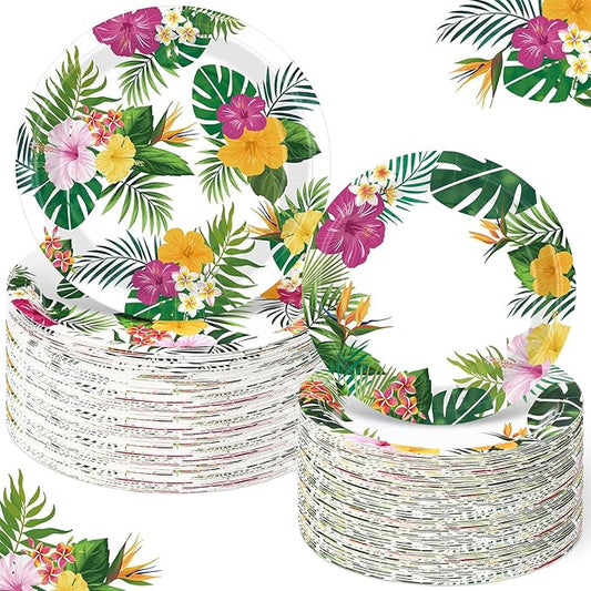 Maxdot 100 Pack Tropical Luau Party Supplies Kit 9"(50) & 7" (50) disposable Plates for BBQ, Hawaiian Summer Party Supplies(Round, Green)