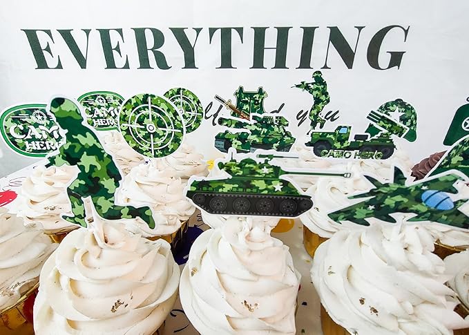 36pcs Camo Cupcake Toppers Camouflage Cake Decorations Military Cupcake Picks for Army Soldier Theme Birthday Party Baby Shower Supplies