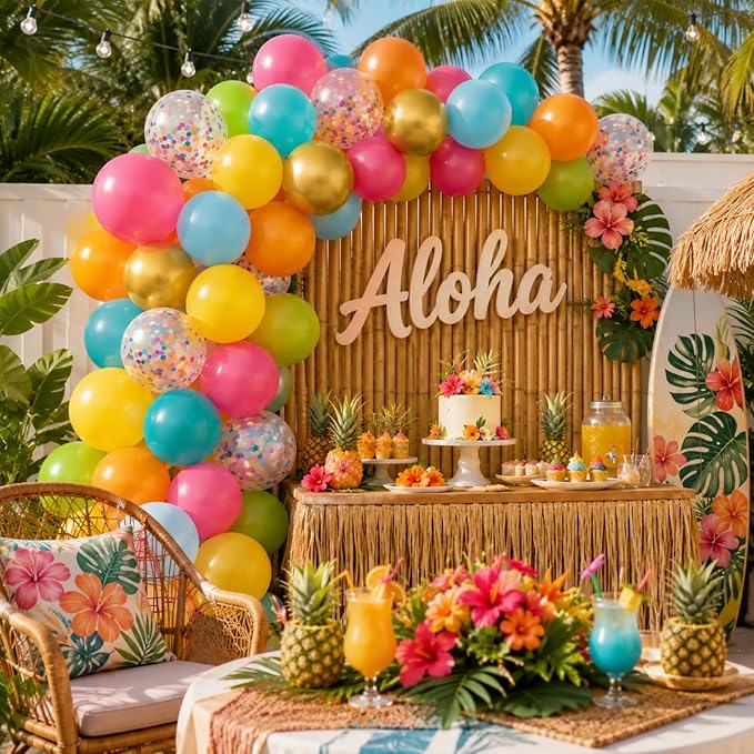 Tropical Balloons, 60Pcs Summer Balloon Hot Pink Orange Teal Blue Yellow Green Gold Colorful Balloons with Rainbow Confetti Balloon for Hawaiian Aloha Luau Pool Birthday Beach Party Decorations