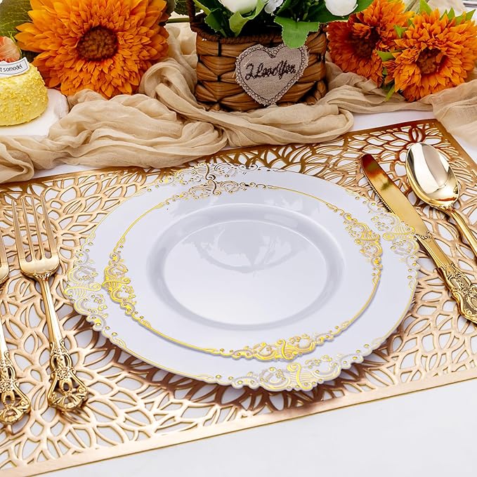 300Pieces Gold Plastic Silverware - Heavy Duty Gold Disposable Utensils - Vintage Plastic Cutlery Set Includes 100 Forks, 100 Spoons, 100 Knives for Dinner Parties Weddings (Pack of 2)