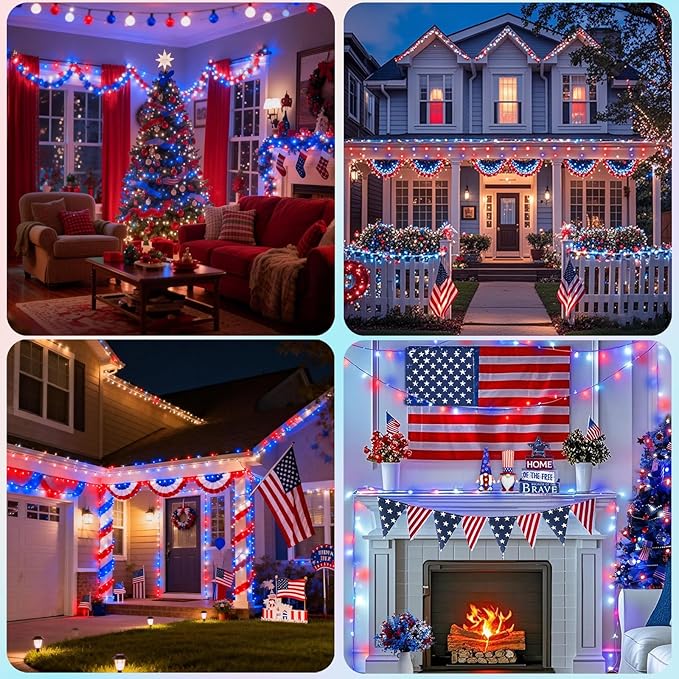 Pooqla 500 LED 164 FT Red White and Blue Lights, 4th of July Patriotic Decoration Twinkle Lights, 8 Modes Plug in 4th of July String Lights for Indoor Outdoor Independence Day Decorations, Clear Wire