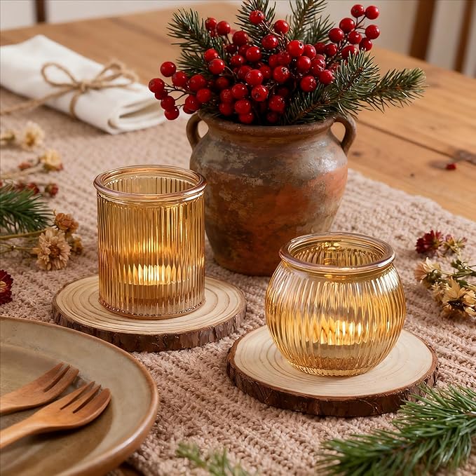 NITIME 12pcs Assorted Gold Votive Candle Holders for Wedding Decor, Ribbed Gold Tea Lights Candle Holder for Diwali, Glass Candle Holder for Fall Table Centerpiece, Party and Holiday Decorations