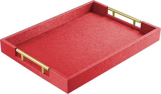 ATZYmolin 17"" x 12"" Wood Serving Tray with Gold Polished Metal Handles, Home Decorative Wooden Rectangle Ottoman Leather Decor Platter Bathroom Vanity Tray for All Occasions Red