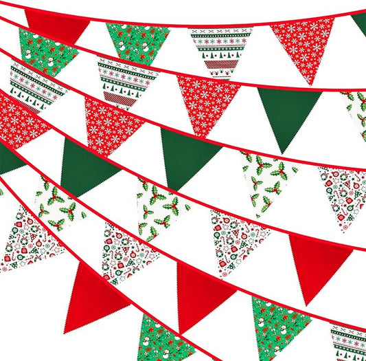 G2PLUS Christmas Triangle Bunting Banner, 39Ft Cotton Pennant Banner, Red and Green Fabric Flags for Holiday, Home and Party Hanging Decorations