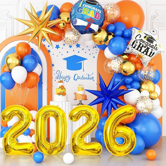 Orange Blue Gold Balloon Arch Kit, Graduation Balloons Garland, 2026 Graduation Decorations Blue and Orange Gold Balloons with Foil Star Confetti Balloon for Class of 2026 Party Decor