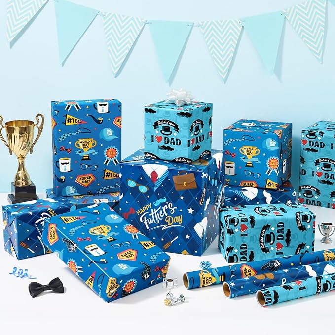WERNNSAI Father’s Day Wrapping Paper Rolls - 3 Rolls 17” x 10FT Blue Gift Wrap Set with Mustache I Love Dad Designs for Dad Husband Grandpa Birthday Father’s Day Gifts
