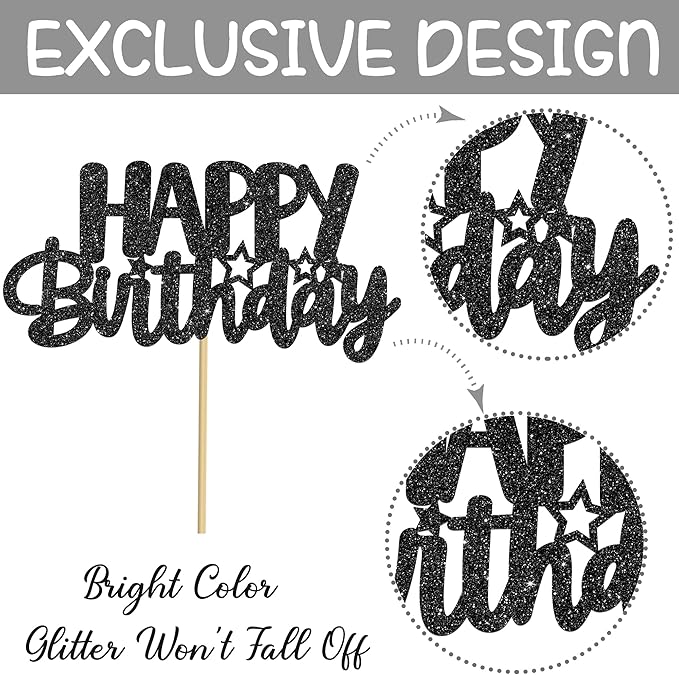 Birthday Centerpiece Sticks 12PCS Black Glitter Birthday Party Table Toppers Happy Birthday Sign Decorations Centerpieces for Anniversary Party Supplies
