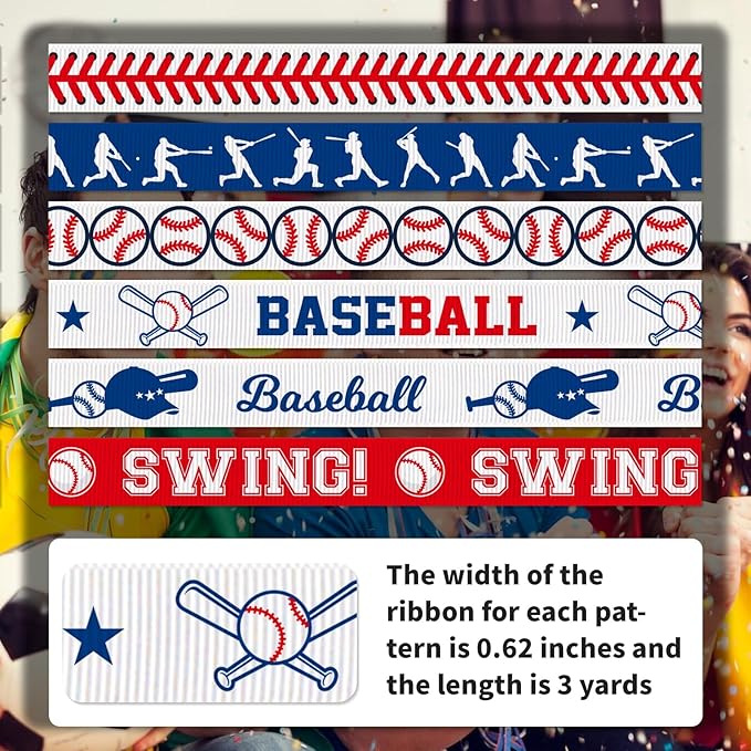 Baseball Ribbon, 6 Pack (5/8 Inch x 3 Yards Each), Sports Grosgrain Ribbons for Hair Bow, Team Party Decoration, Baseball Player Pattern Gift Wrapping Craft