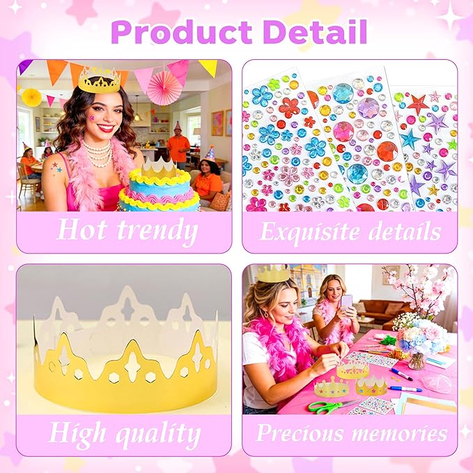 Thirty and Thirsty Gold Paper Crowns Princess DIY Birthday Party Crown Hats with Gem Stickers Fancy Birthday Craft to Decorate School Classroom Prince Princess Party Supplies Favors
