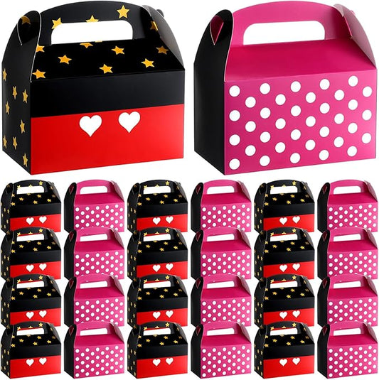 Marspark 24 Pack Black and Pink Mouse Cartoon Birthday Party Supplies, Paper Gift Boxes, Cartoon Candy Treat Boxes for Birthday Party Decorations (Black and Pink Pattern)