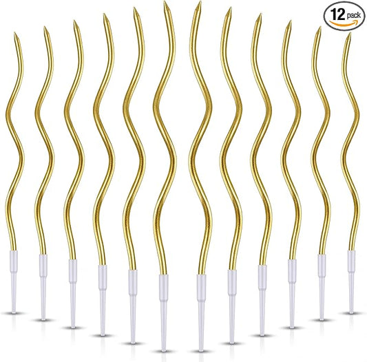 12-Count Spiral Birthday Candles, Long Twisty Gold Party Candles with Candle Holders, Long Burning for Weddings, Birthdays, Party Decorations, Cupcakes, Anniversary and Meetups (Gold)