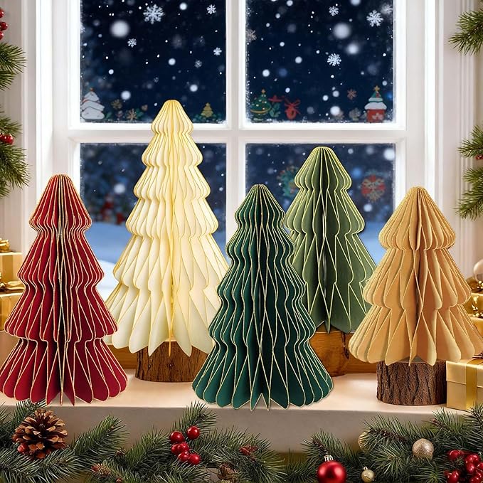 5Pcs Christmas Table Decorations Indoor, 3D Honeycomb Paper Christmas Trees, Light Up Green Red Beige Vintage Table Centerpieces for Christmas Winter Wonderland Holiday Party Home Decor, 8/10/12 Inch